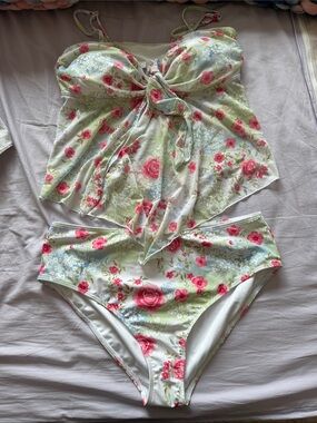 Floral Tie-Front Tankini Swimsuit - Pink Floral on Light Green